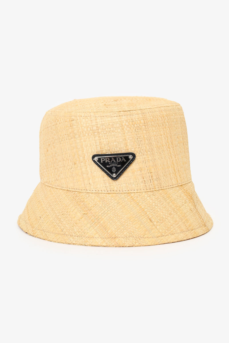Prada Beige Straw Triangle Logo Bucket Hat Size S – Lux
