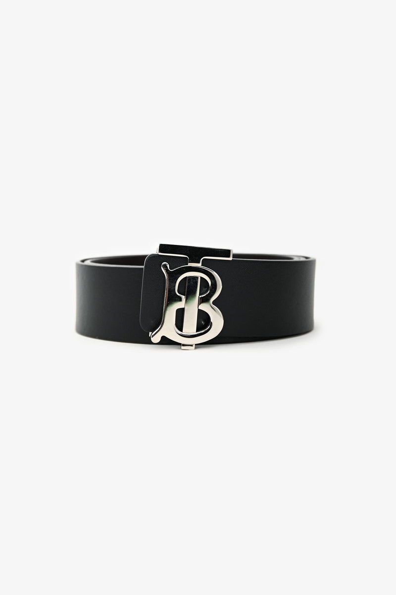 Burberry Black/Brown Reversible Leather Silver Tone 'TB' Buckle