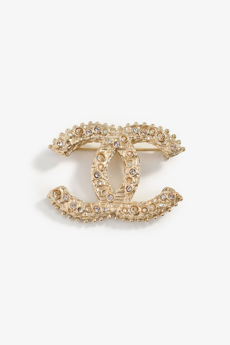 Pre-Loved Chanel™ 2013 Champagne Gold Tone Crystal Embellished CC