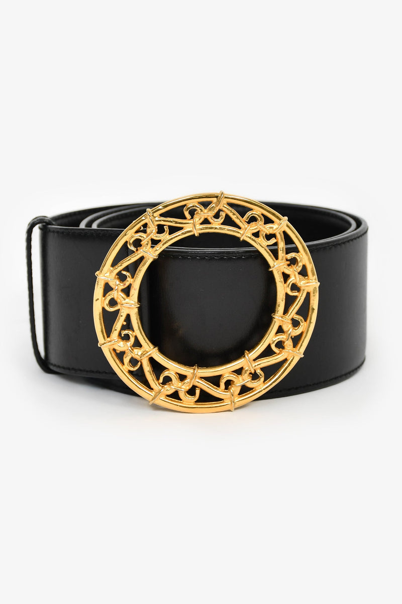 Celine Vintage Black Leather Circle Buckle Belt Size 70 – Lux