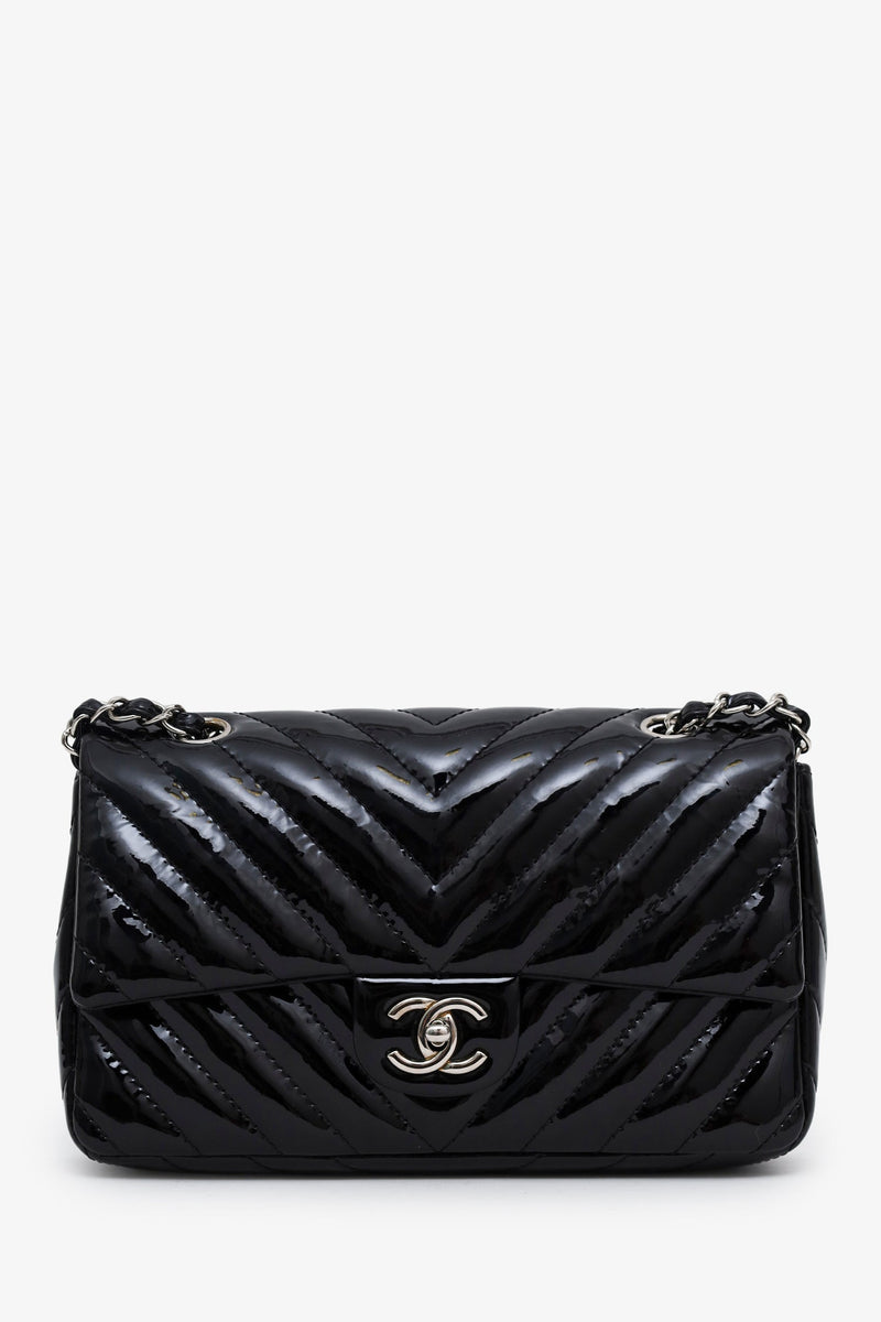 Chanel™ 2009-10 Black Patent Chevron Medium Single Flap Bag (Pre