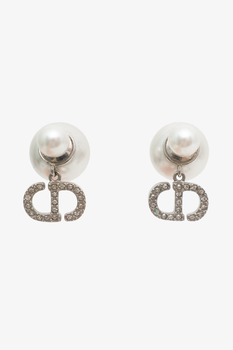 Christian Dior Silver Tone Faux Pearl Crystal Embellished Logo