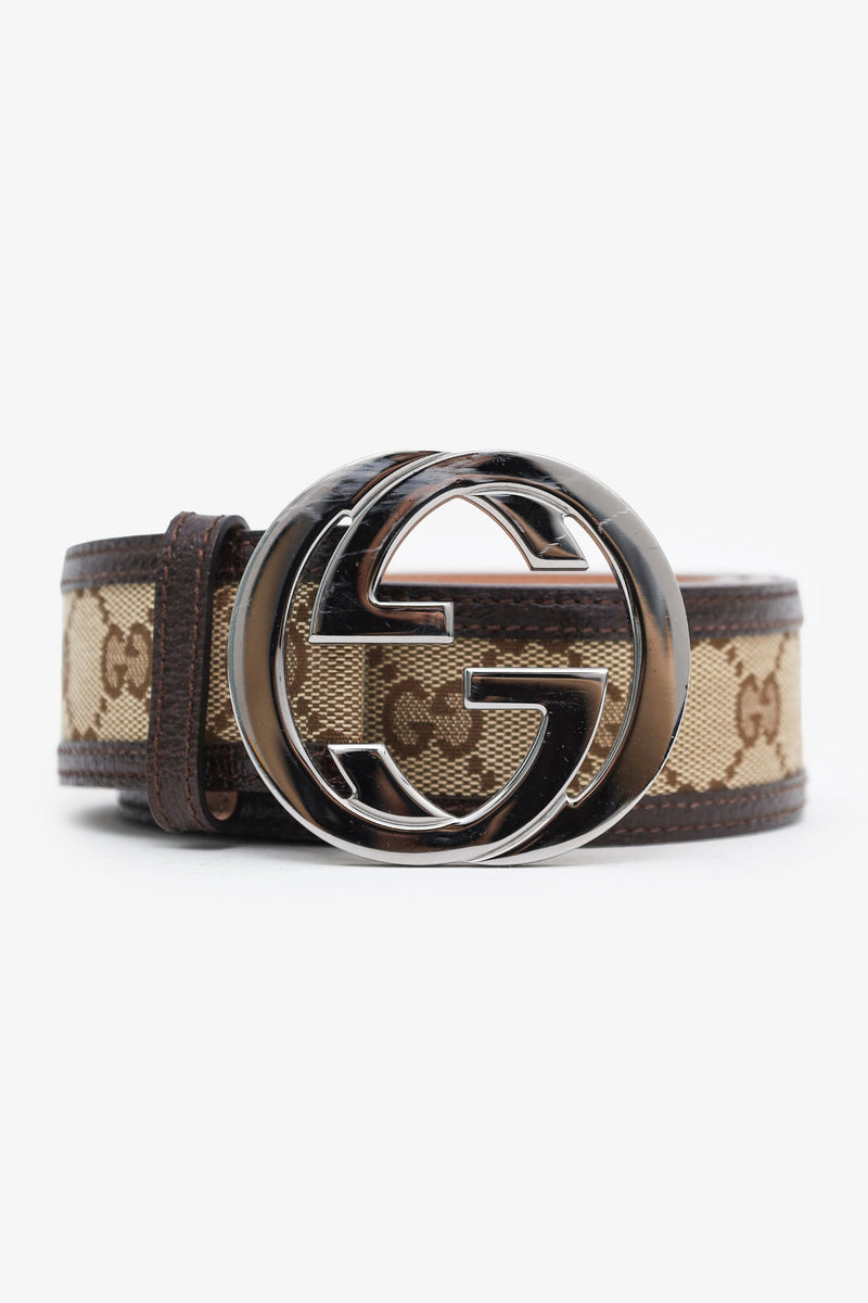 GUCCI GG Monogram Denim Canvas Brown Leather Belt Sz 80 Made in ITALY BNIB Gucci Blue GG Denim and Leather Trim Interlocking G Buckle  main image 4