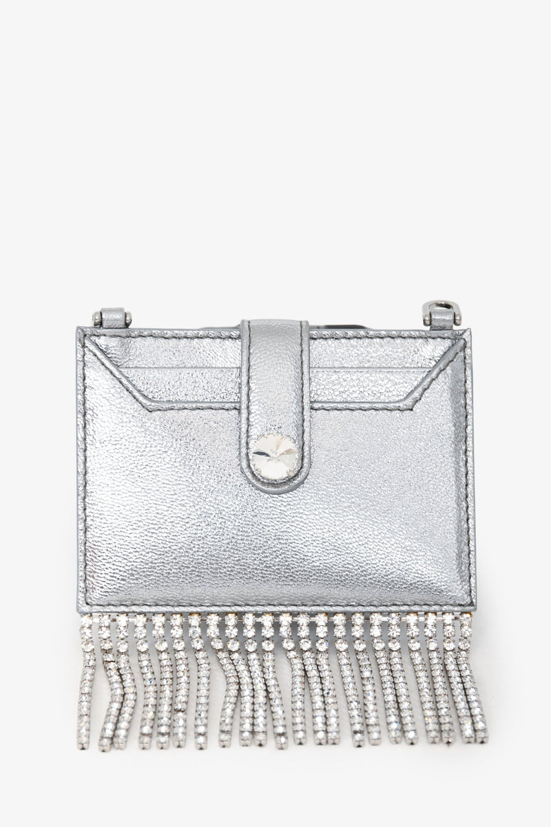 Miu Miu Silver Metallic Leather Crystal Embellished Fringe Card