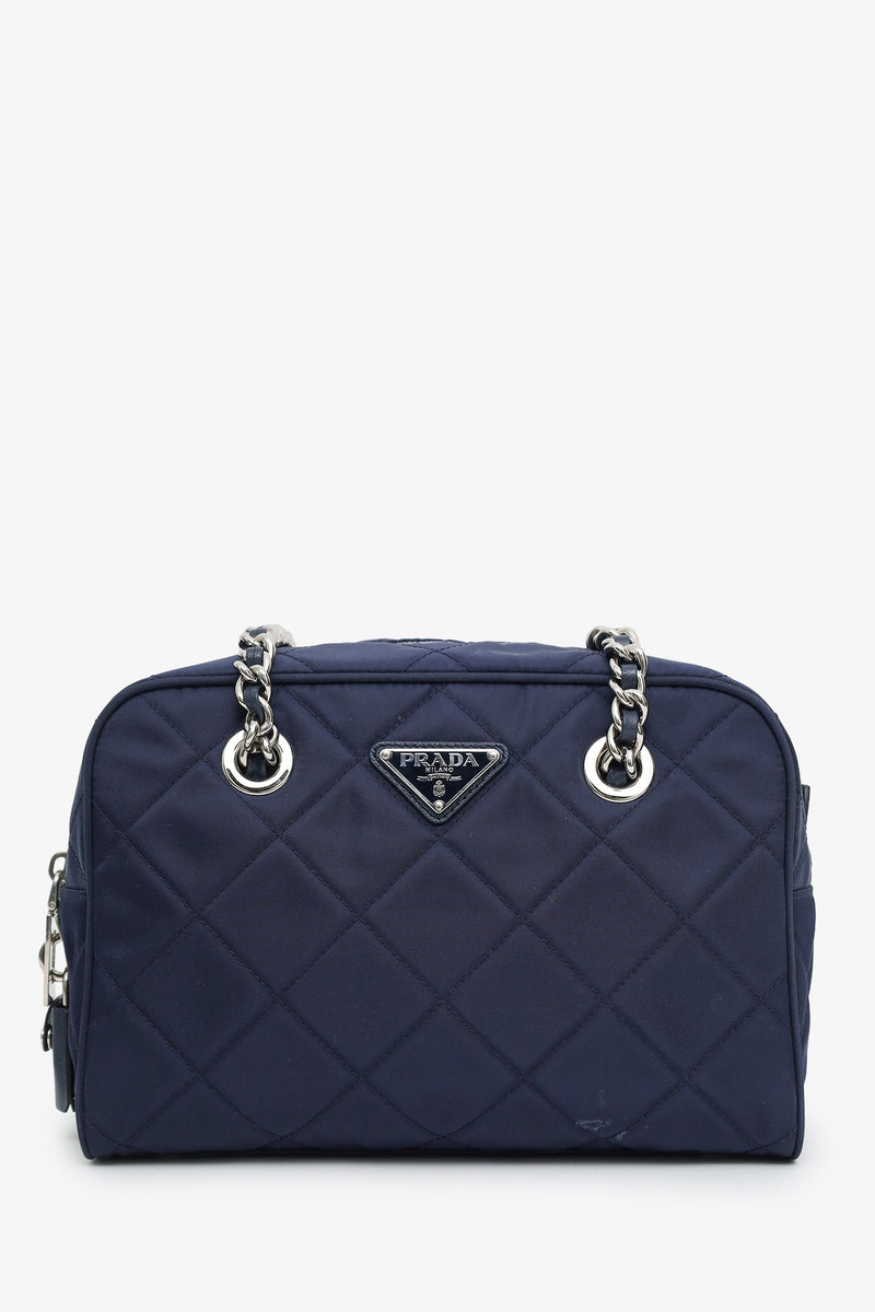 Prada Navy Quilted Tessuto Impuntu Chain Shoulder Bag – Lux Second 