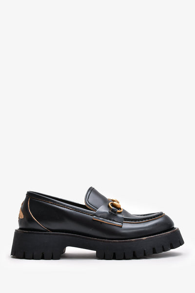 Gucci Black Brushed Leather Lug Loafers Size 36.5 – Lux