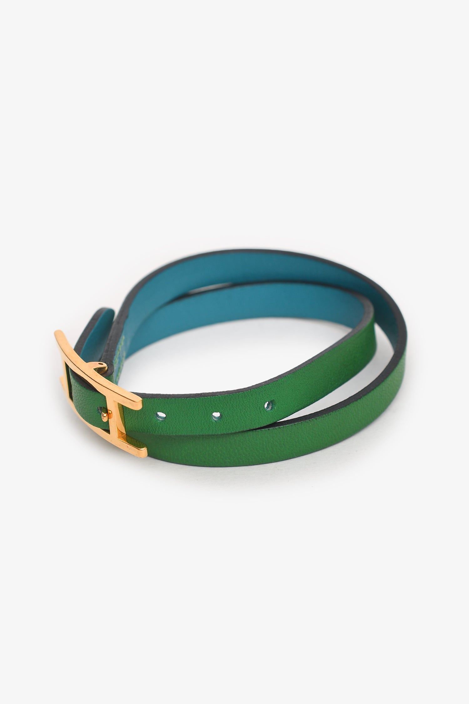 Hermès Green/Blue Leather 'Behapi Double Tour' Reversible Bracelet