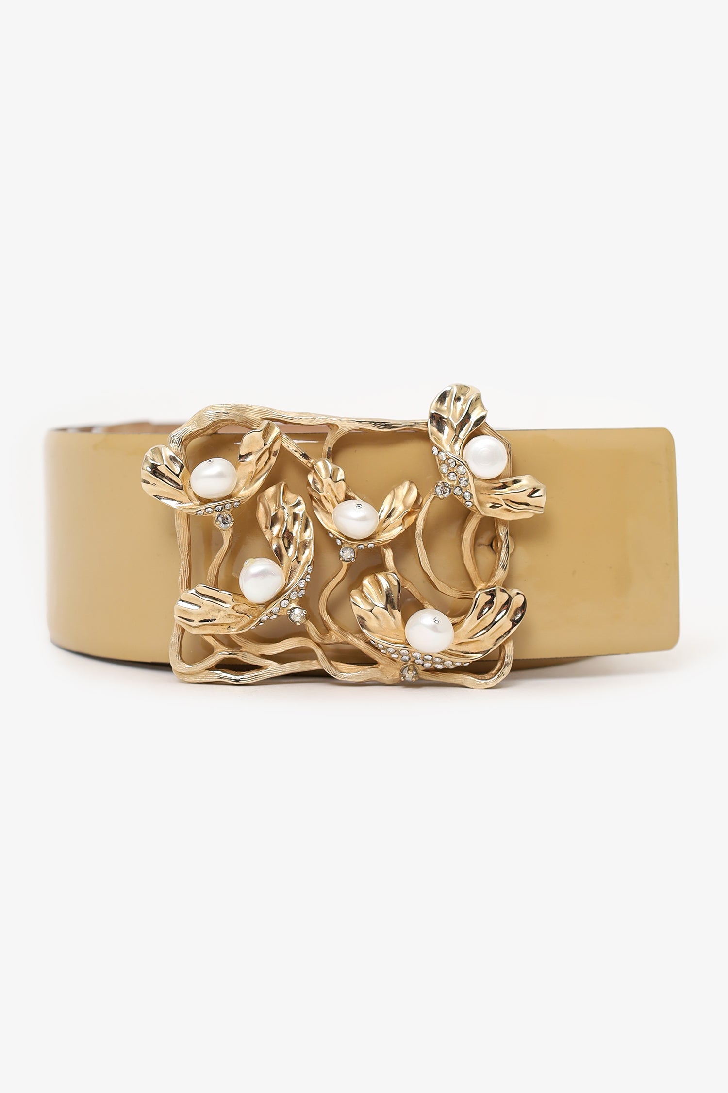 Valentino Beige Patent Leather Pearl/Crystal Buckle Wide Belt Size