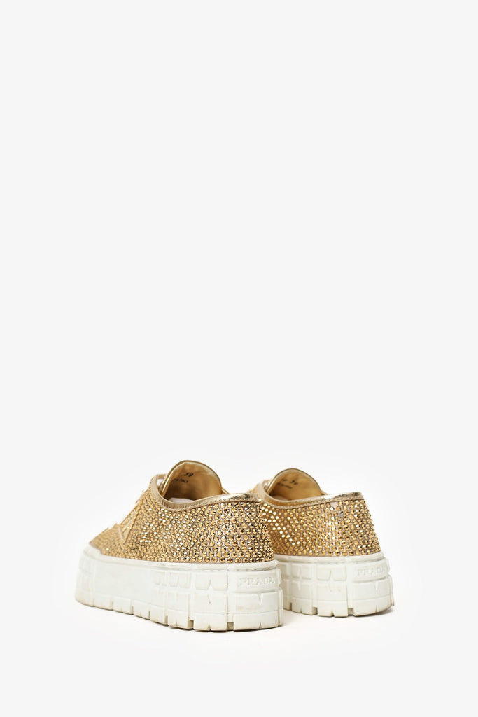 Prada Gold Metallic Satin/Leather Crystal Embellishments Sneakers