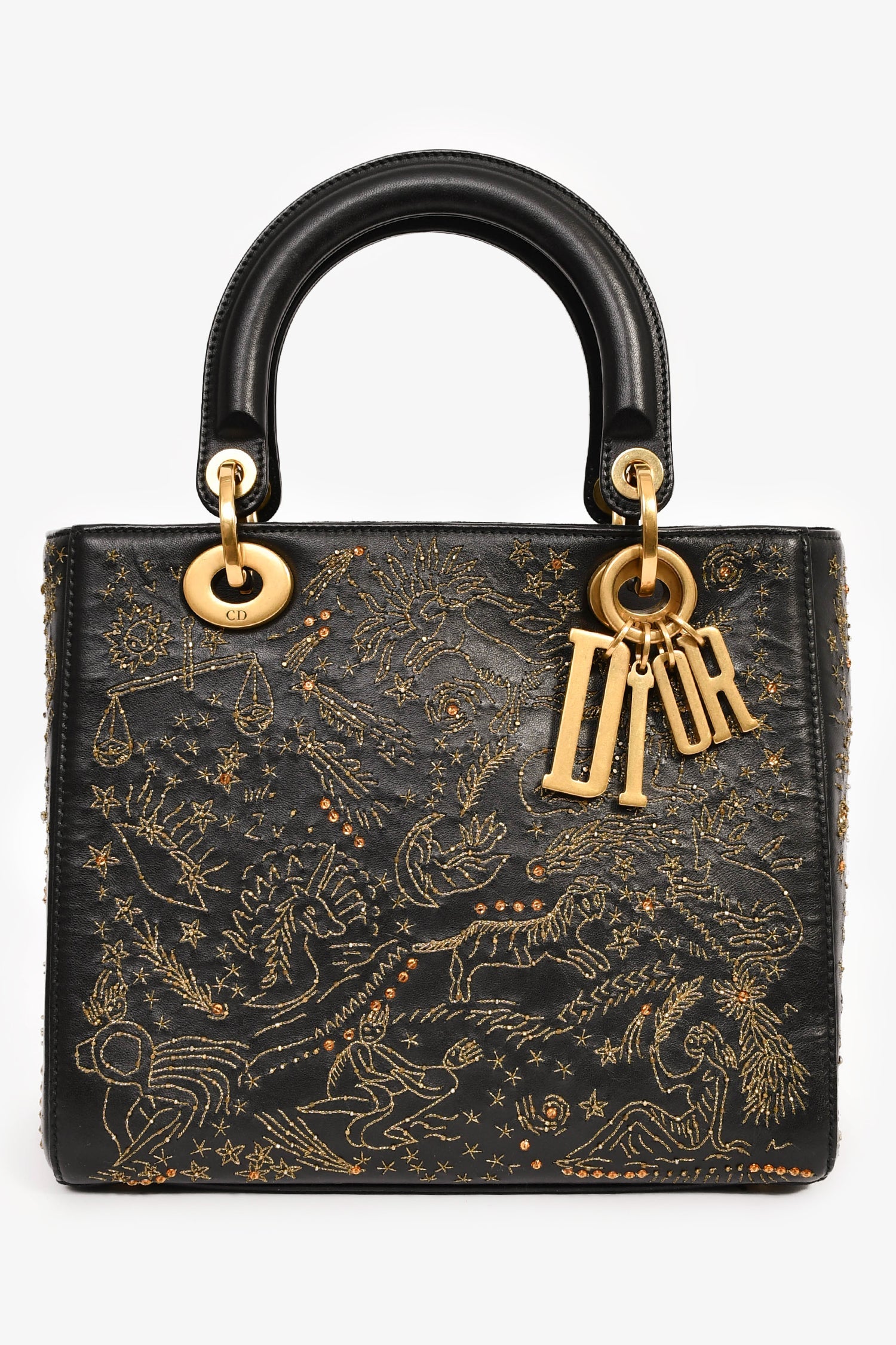 Christian Dior 2017 Black Leather Zodiac Embroidered Medium Lady D
