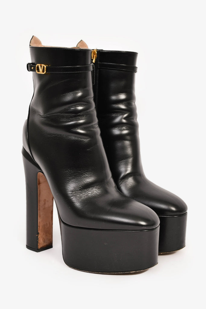 Valentino Black Leather 'V' Platform Heeled Boots Size 38 – Lux