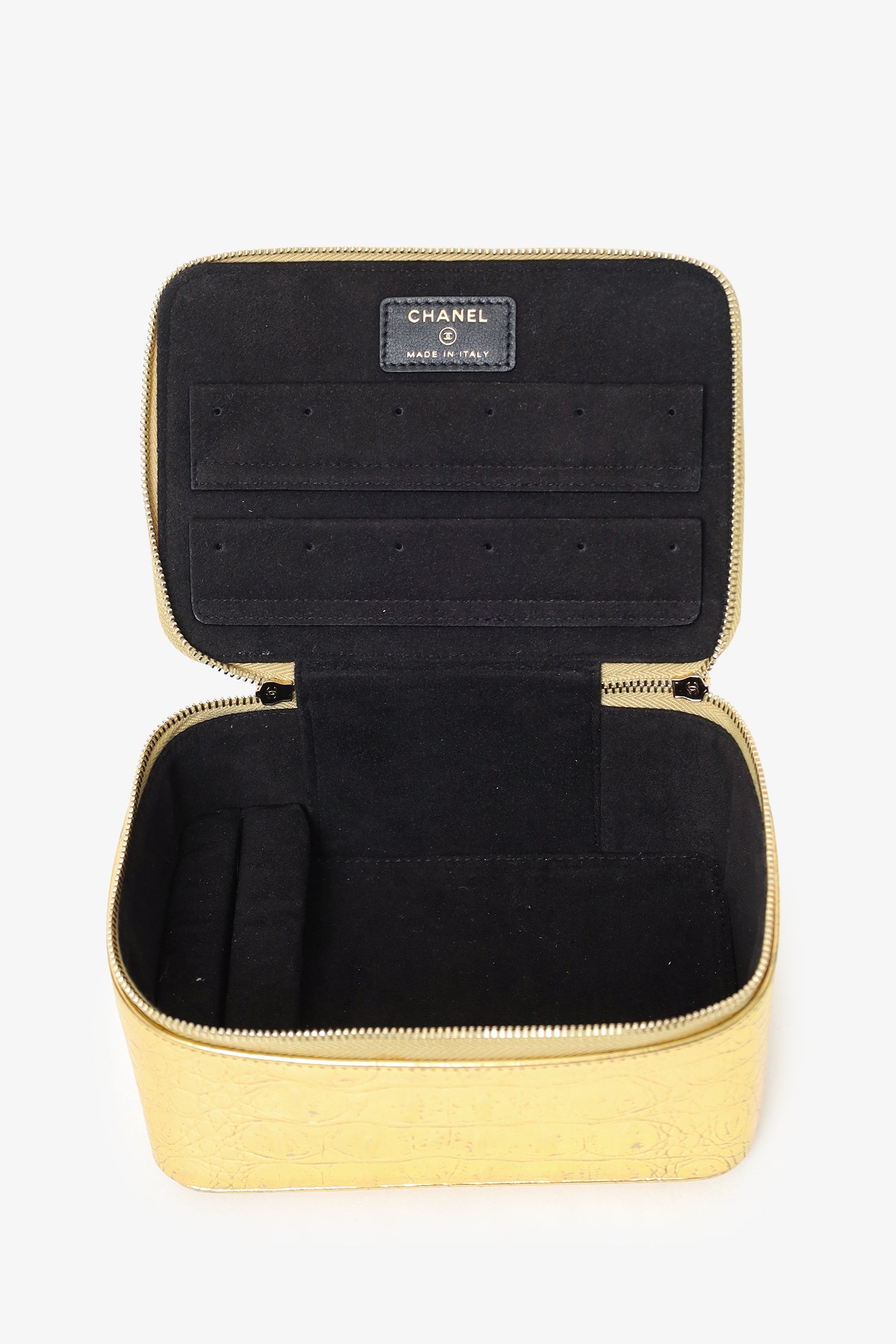 Pre-Loved Chanel™ Gold Metallic Crocodile Embossed Mini Vanity Bag