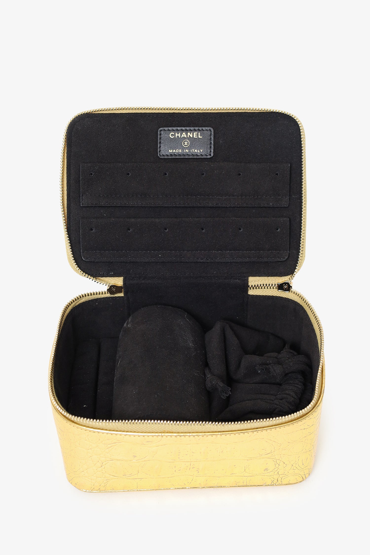 Pre-Loved Chanel™ Gold Metallic Crocodile Embossed Mini Vanity Bag