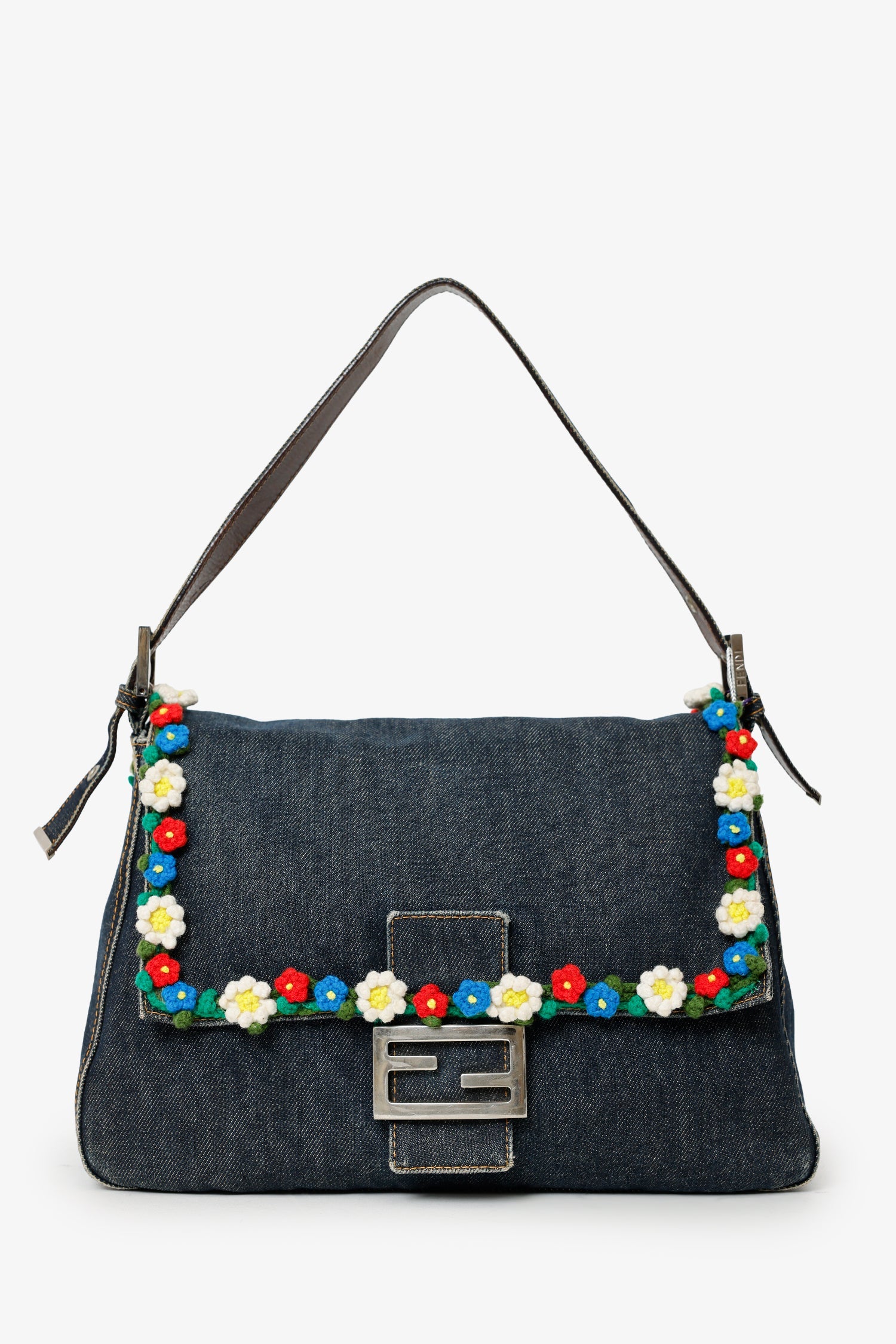 Fendi Blue Denim Crochet Floral Embellished Mama Baguette Shoulder