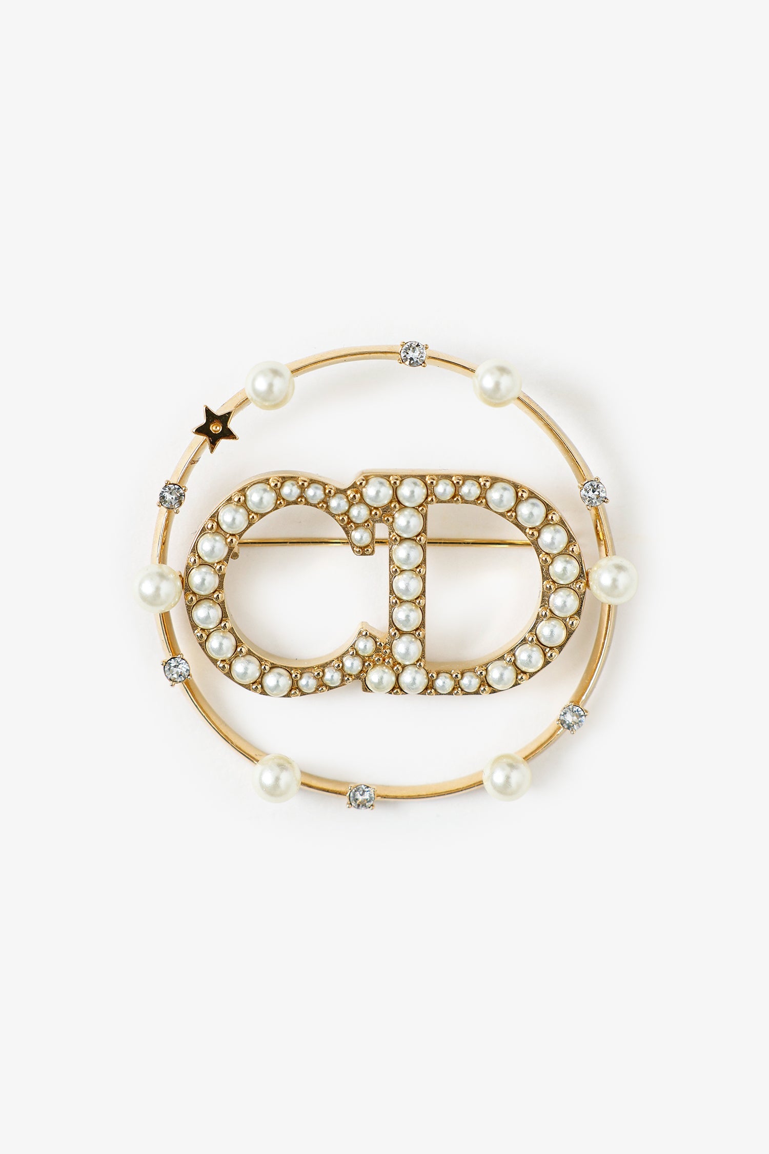 Christian Dior Gold-tone Faux Pearl Crystal Clair D Lune Brooch