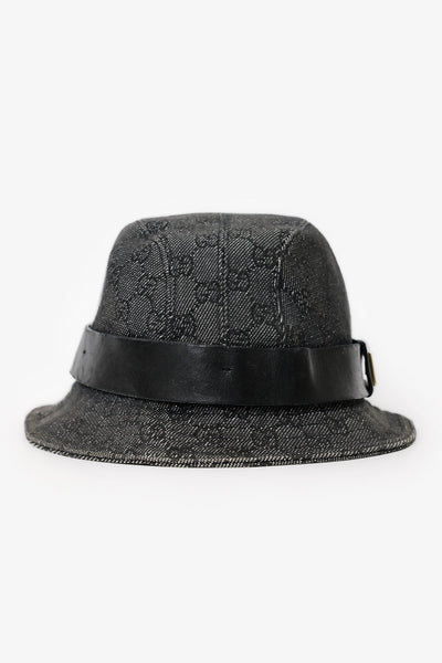 Gucci Black GG Monoram Denim Leather Trim Bucket Hat Size S – Lux