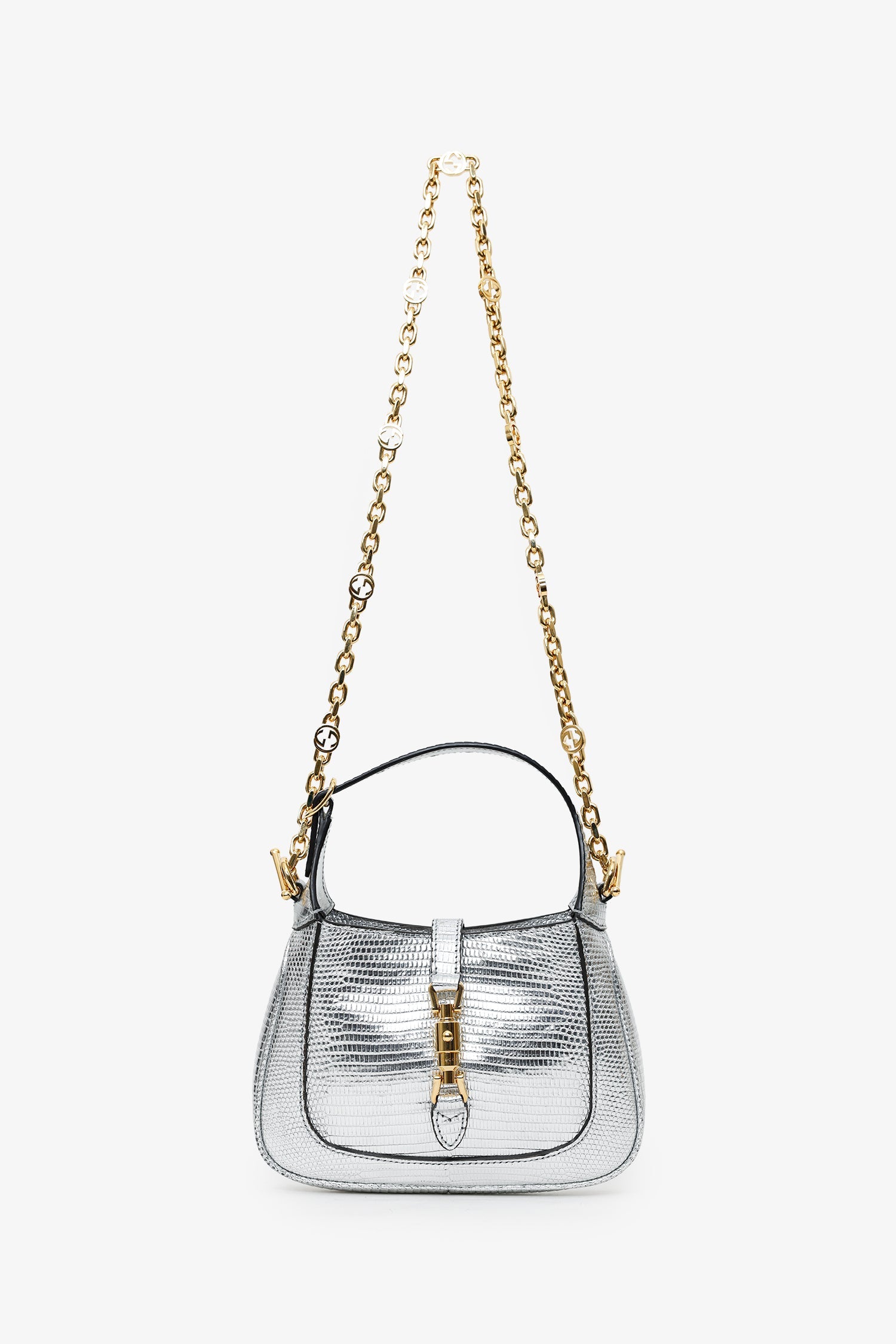 Gucci Silver Metallic Lizard Mini Jackie 1961 Shoulder Bag With