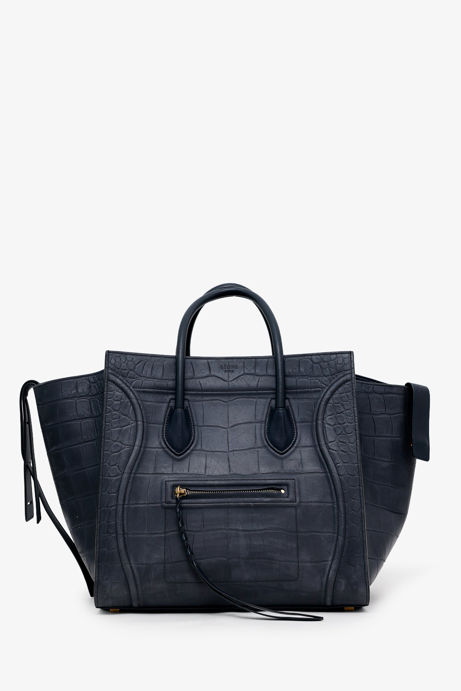 CELINE ブラックレザー ポインテッドトゥ Celine Black Croc Embossed Leather Luggage Phantom Top Handle