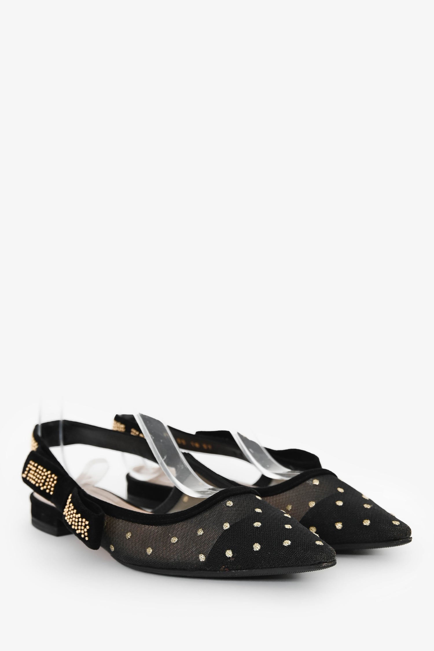 Christian Dior J'ADIORドット柄メッシュ 24cm Christian Dior Black Mesh Polka Dots J'aDior Slingback Flats Size