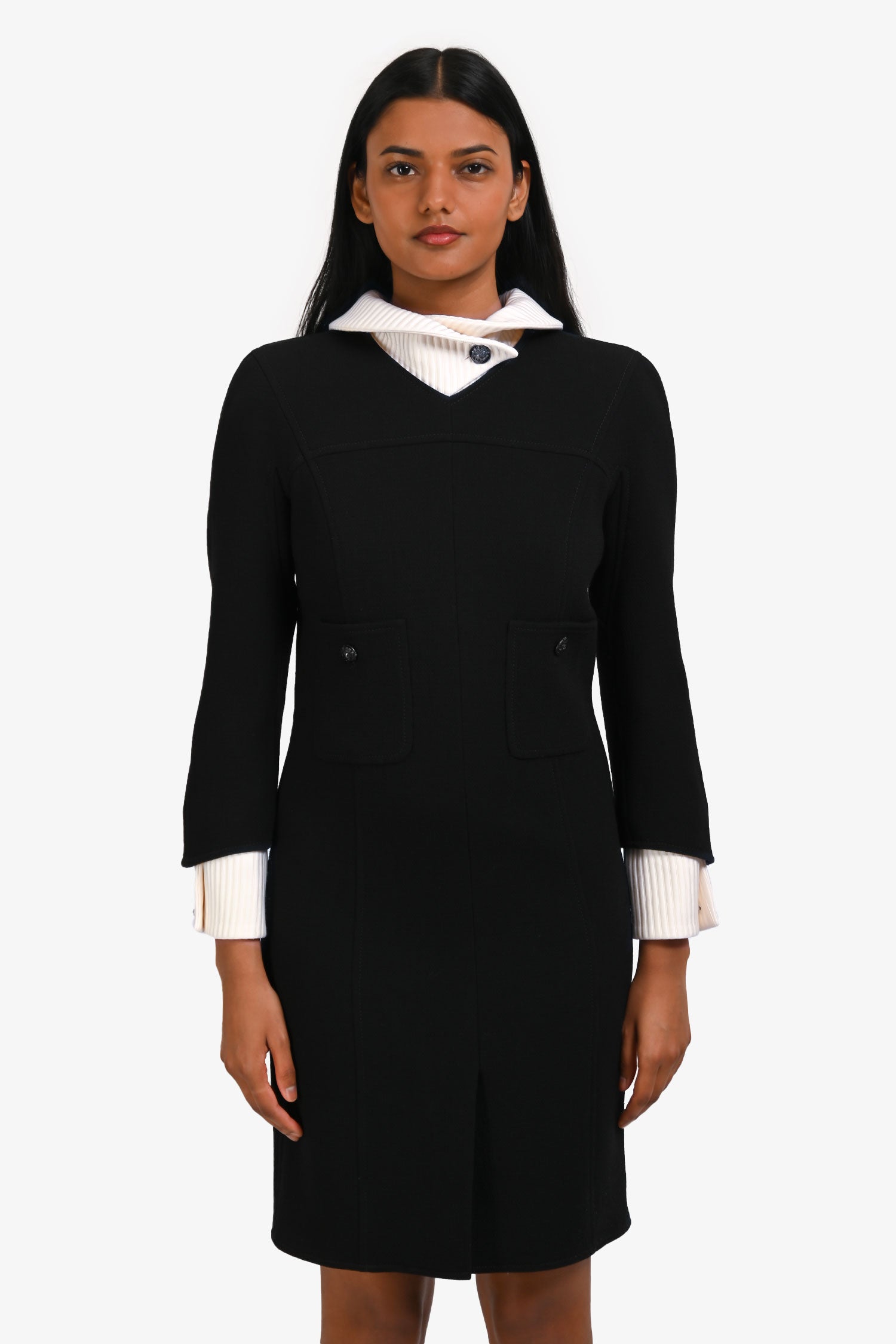 black dress with white collar and cuffs Chanel™ 2009 Black/White Woll Collar/Cuff Detailed 2-Pocket Size – Lux Second Chance Petite Prom Dresses - RSH-08.15.24 and soft gathered details Color:Black 4F18200
