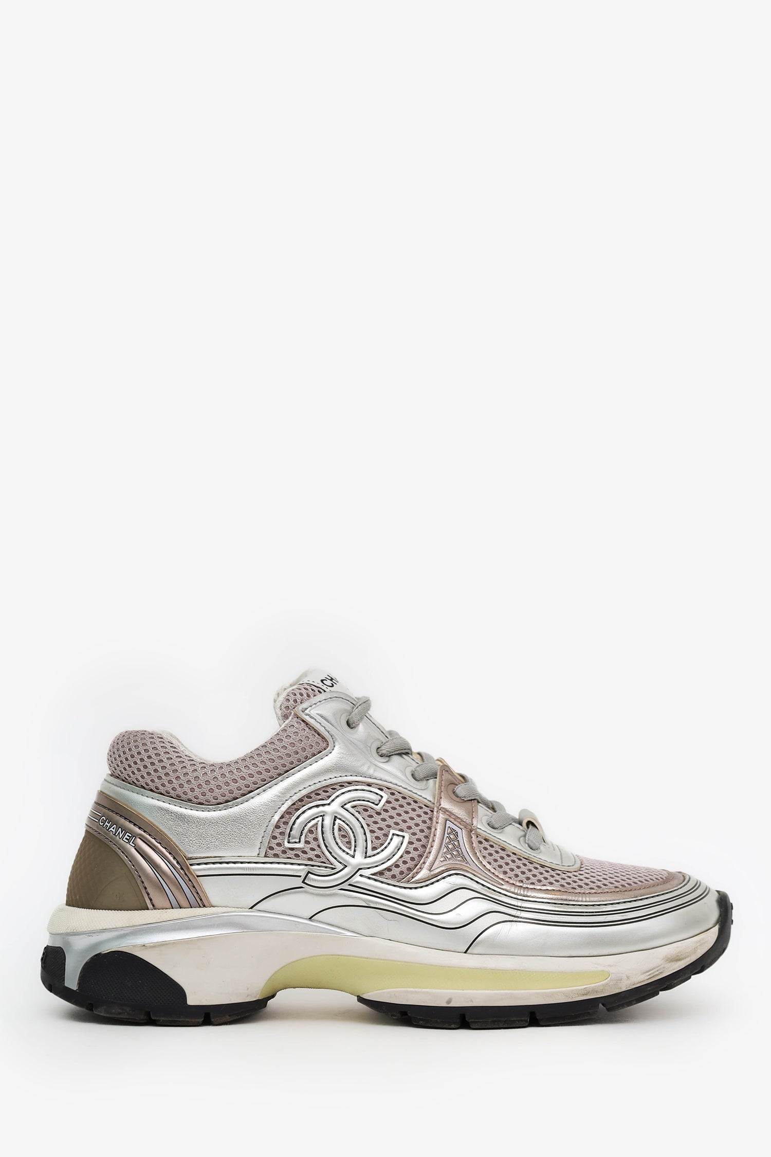Chanel™ Silver Metallic Leather Mesh CC Chunky Sneaker Size 36.5