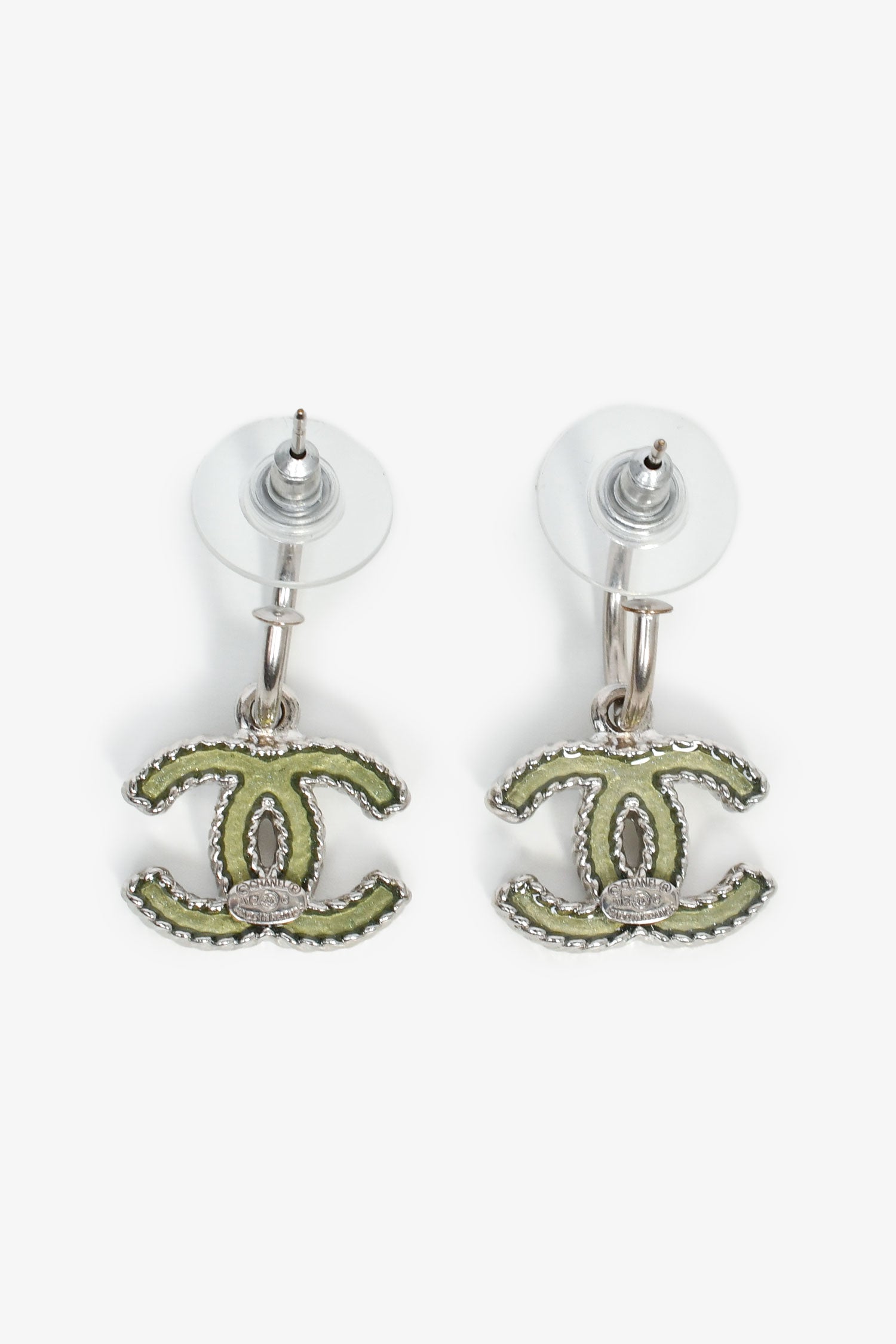 Chanel™ 2012 Silver Tone/Green CC Dangle Earrings (Pre-Loved