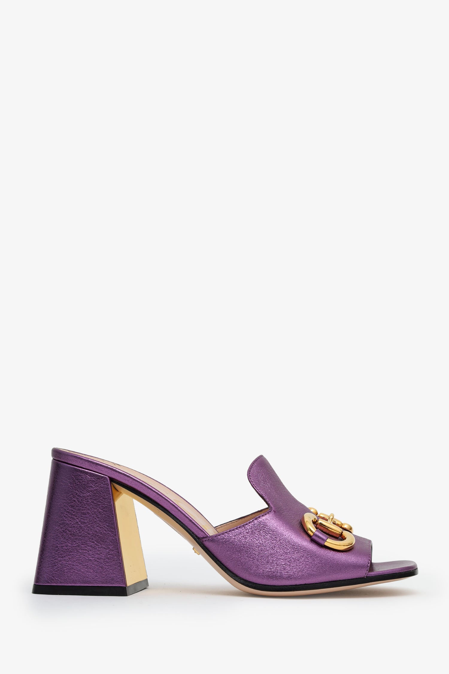 Gucci Purple Metallic Horsebit Accent Block Heel Sandal Size 38