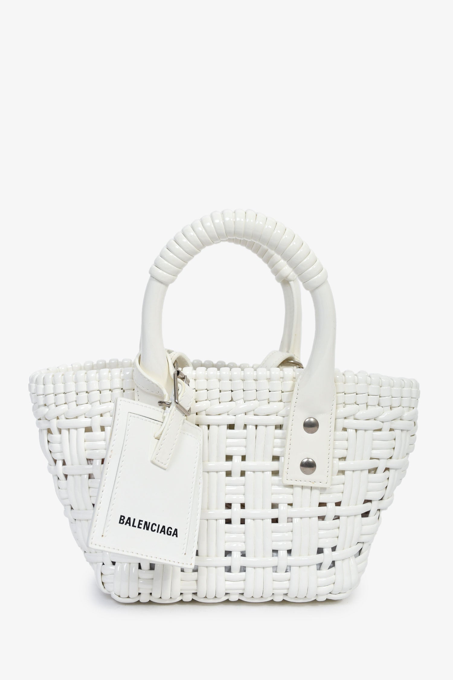 ぴょん様　BALENCIAGA ビストロ xxs ホワイト Balenciaga White Patent Woven XXS 'Bistro' Basket Bag – Lux Second
