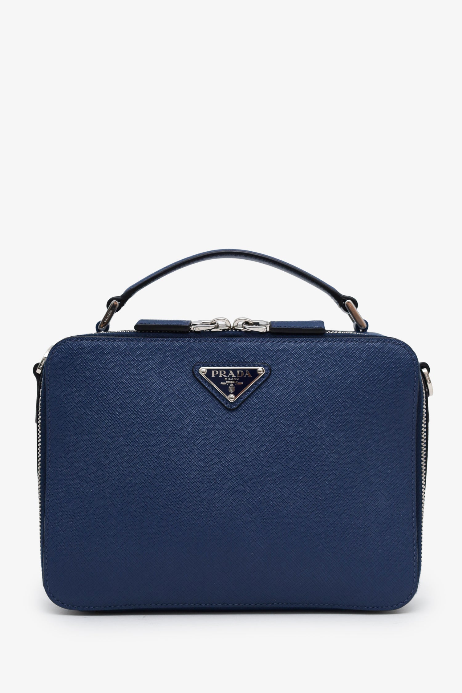 Prada Blue Saffiano Leather Brique Handle Bag With Strap – Lux