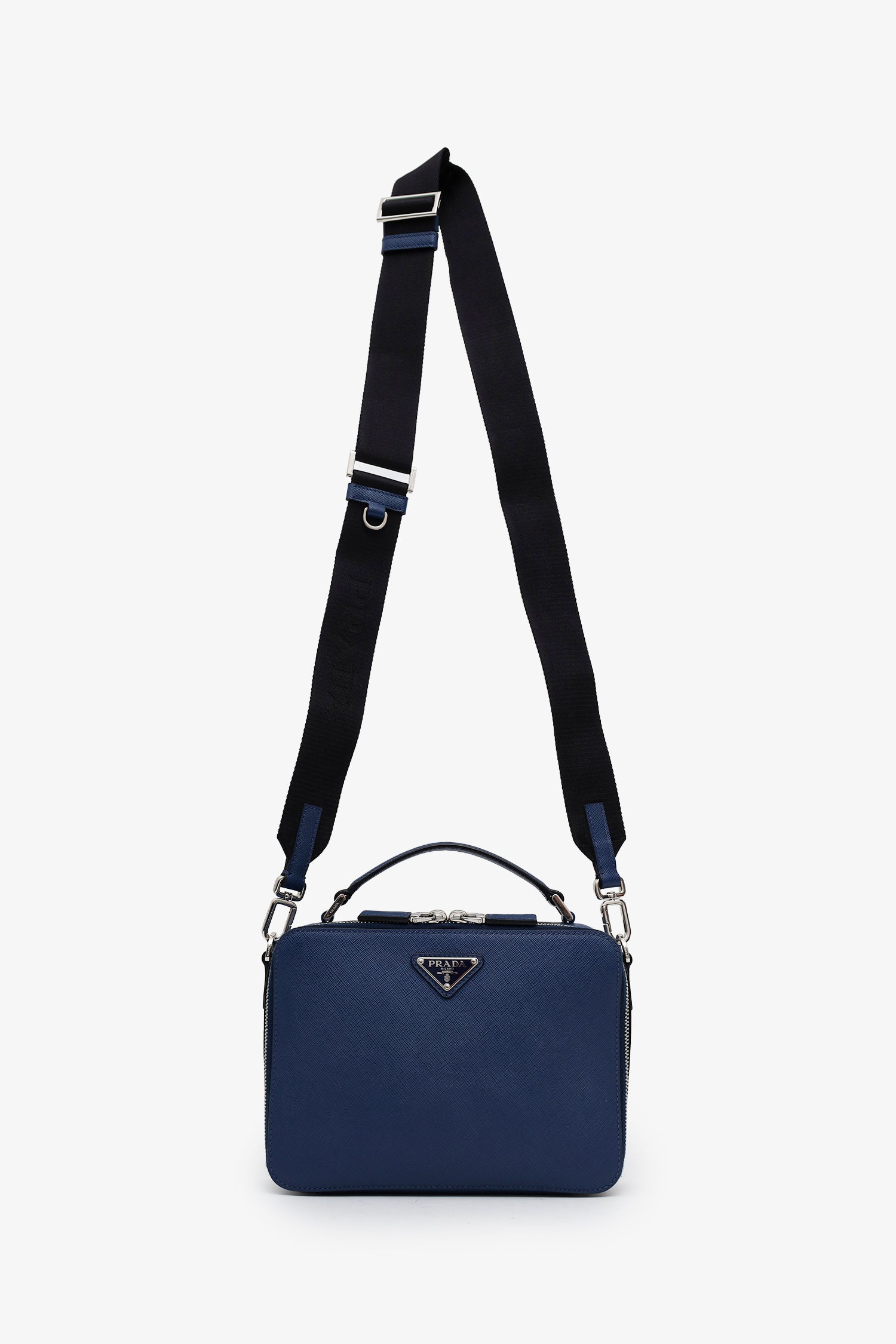 Prada Blue Saffiano Leather Brique Handle Bag With Strap – Lux