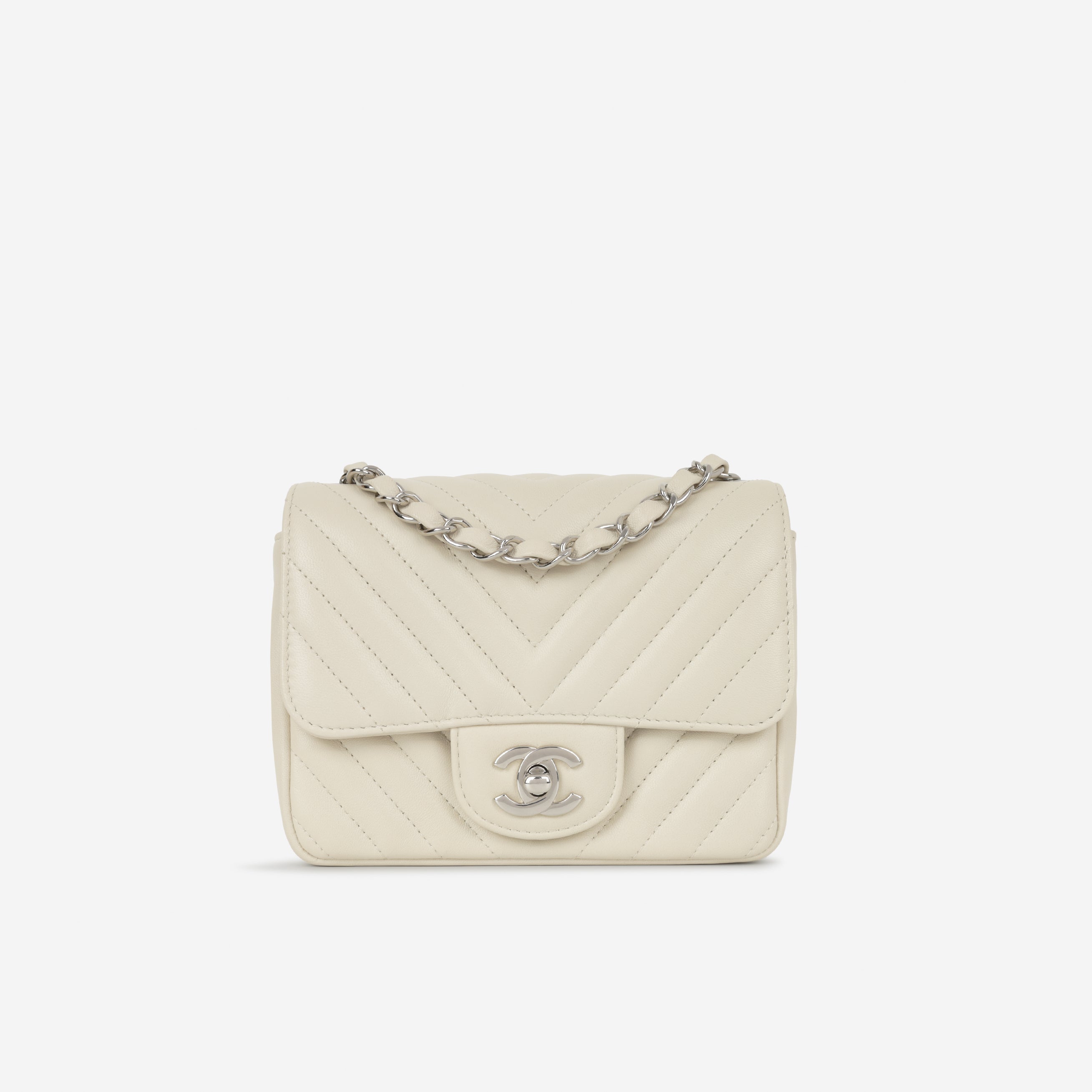 Chanel Mini Square Ivory Chevron Lambskin Silver Hardware