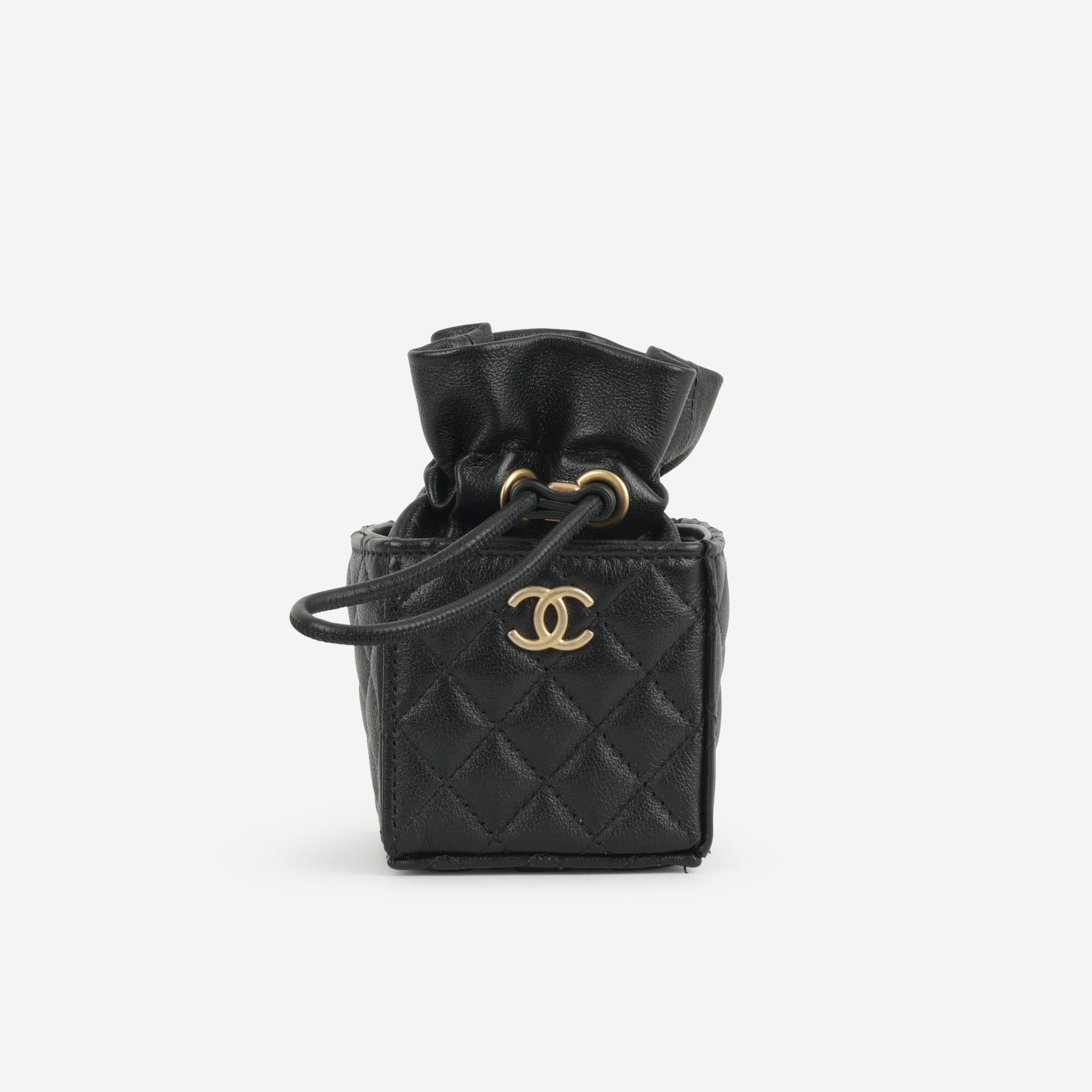 Chanel Micro Drawstring Bucket Bag - Black Lambskin | Aged Gold 