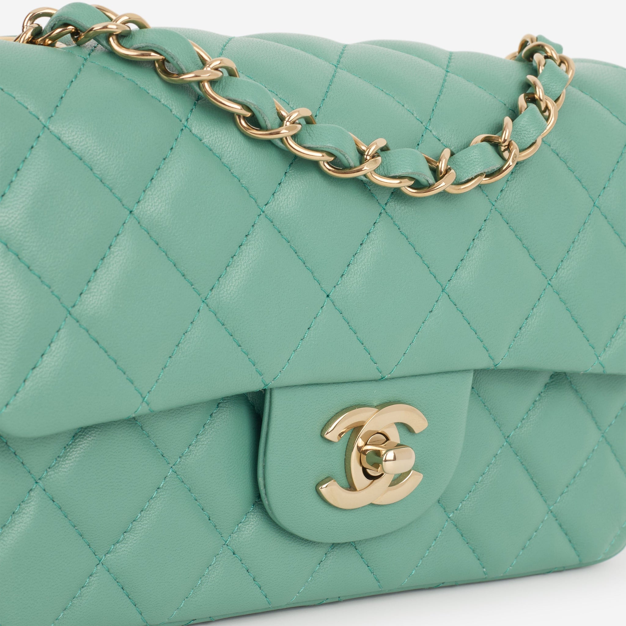 Chanel Mini Rectangular - Green Lambskin | Champagne Gold Hardware