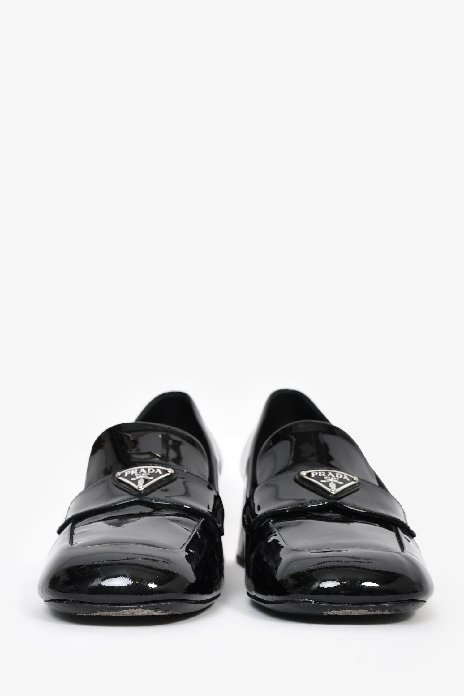 Prada Black Patent Leather Logo Block Square Toe Heels Size 42