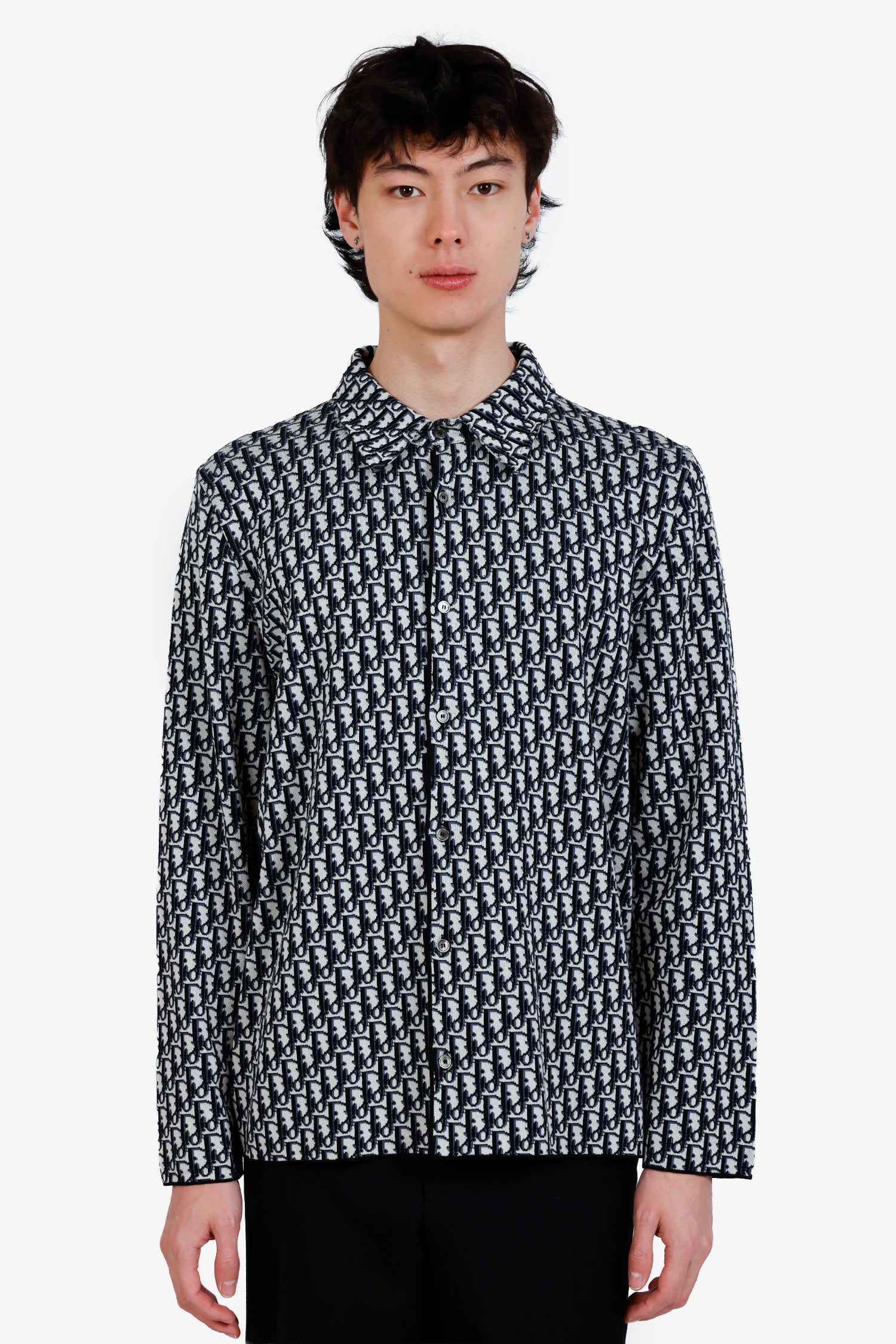 Christian Dior Blue Knit Oblique Jacquard Shirt Size XL Men's