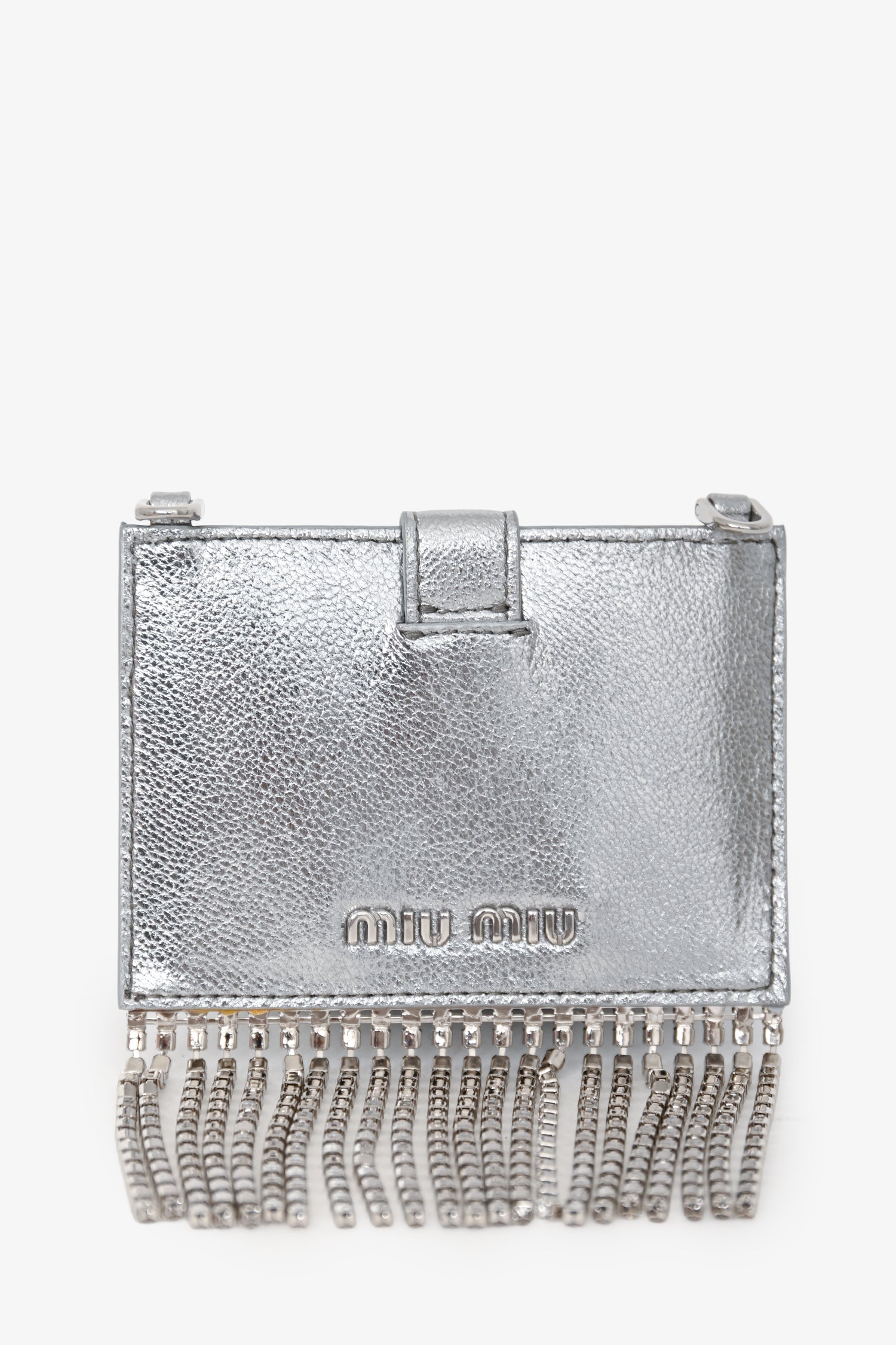 Miu Miu Silver Metallic Leather Crystal Embellished Fringe Card