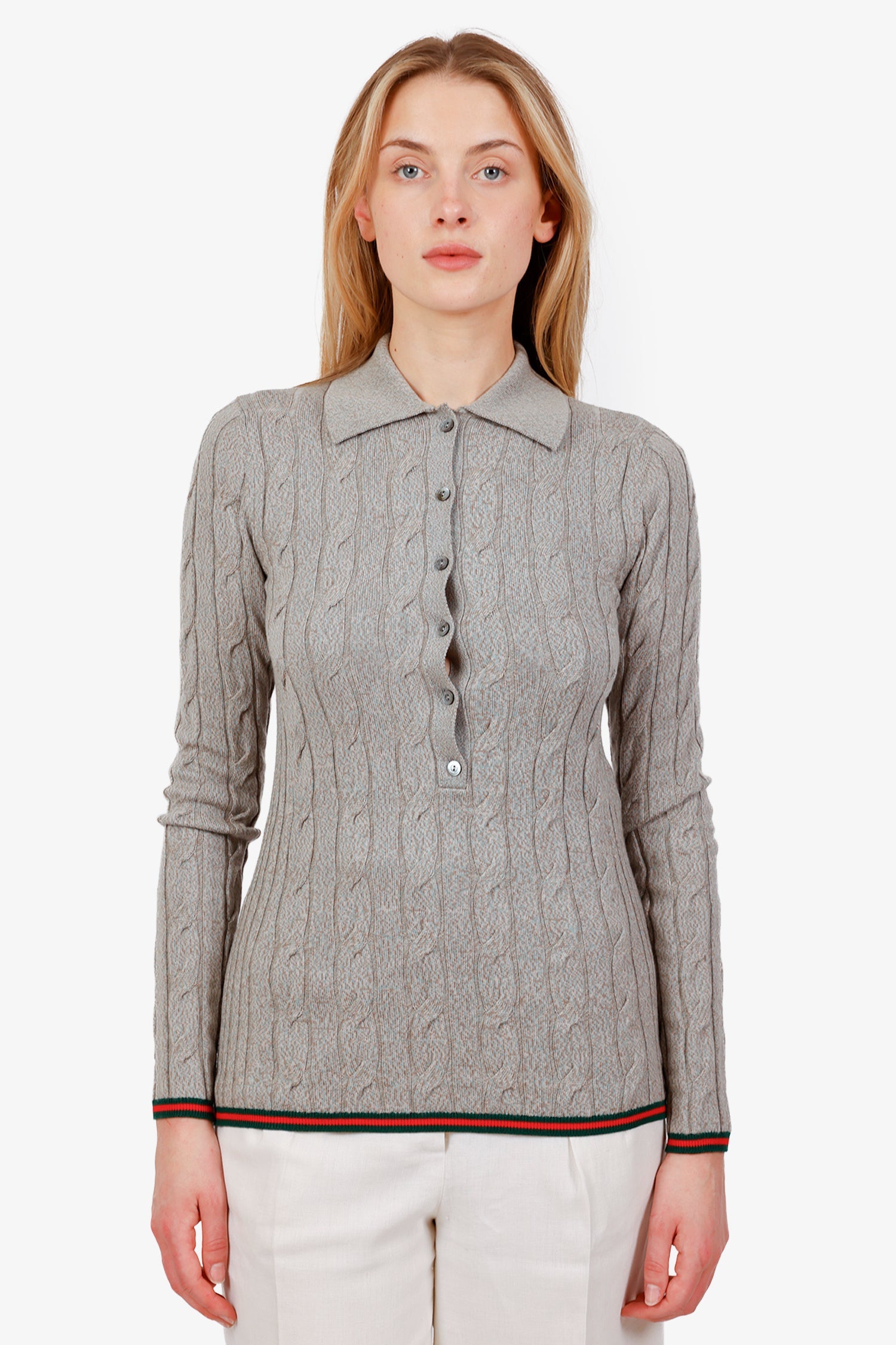 Gucci Grey Wool Web Stripe Cable-knit Polo Sweater Size XS with