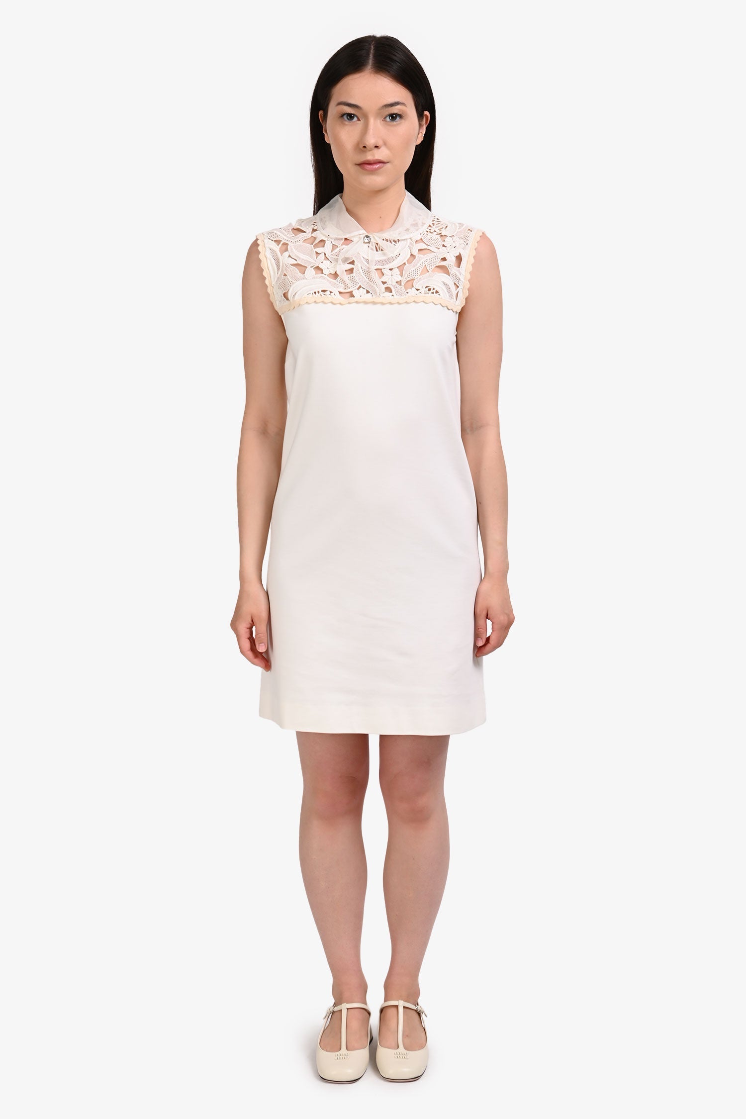 miu miu crochet dress White Embroidered with Neckline Sleeveless Mini – Lux Second Chance short casual dresses BOPBISGA The Ultimate Backless Size:72L