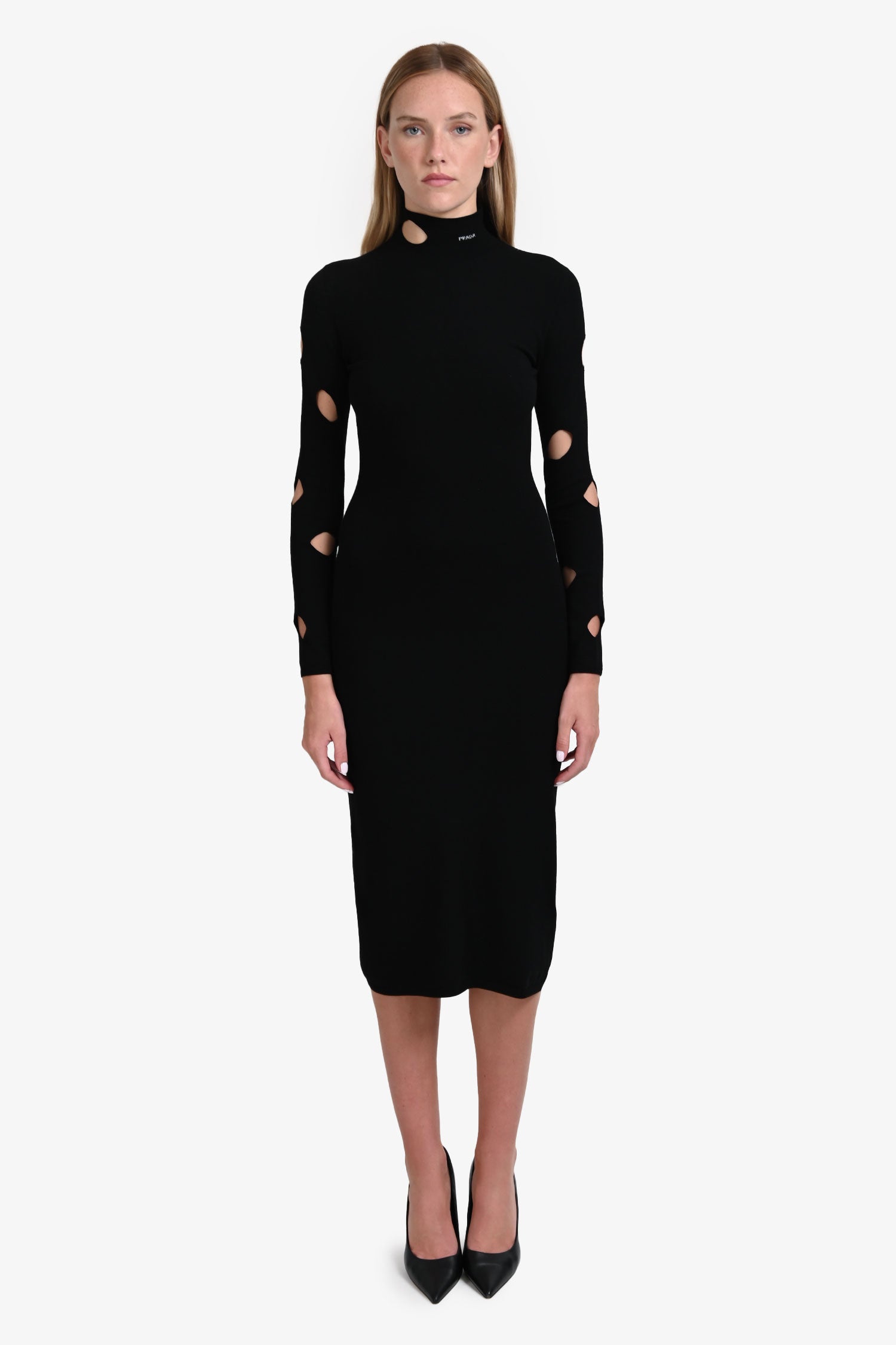 Prada Black Jersey Logo Mock Neck Cut-Out Long Sleeve Dress Estimated – Lux Second Chance