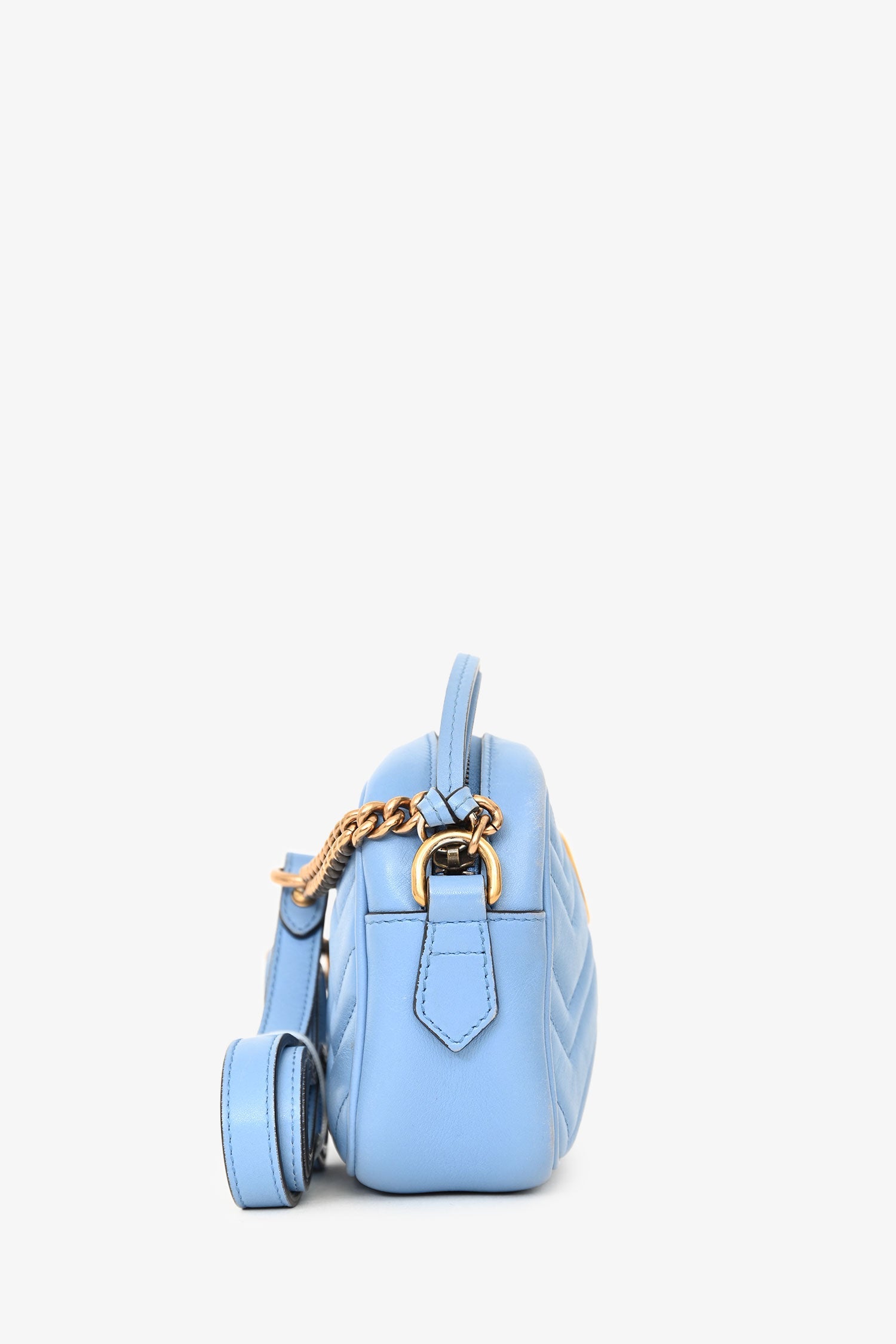 Gucci Light Blue Leather Chevron Quilted Mini GG Marmont Crossbody