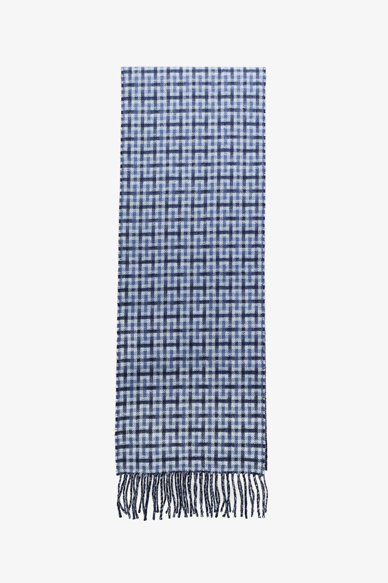 Hermès Navy/Light Blue Patterned Reversible Cashmere Fringe Scarf