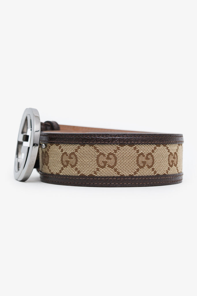 Gucci Brown/Beige GG Canvas and Leather Interlocking G Belt  display picture 3