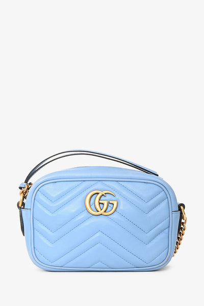 Gucci Light Blue Leather Chevron Quilted Mini GG Marmont Crossbody