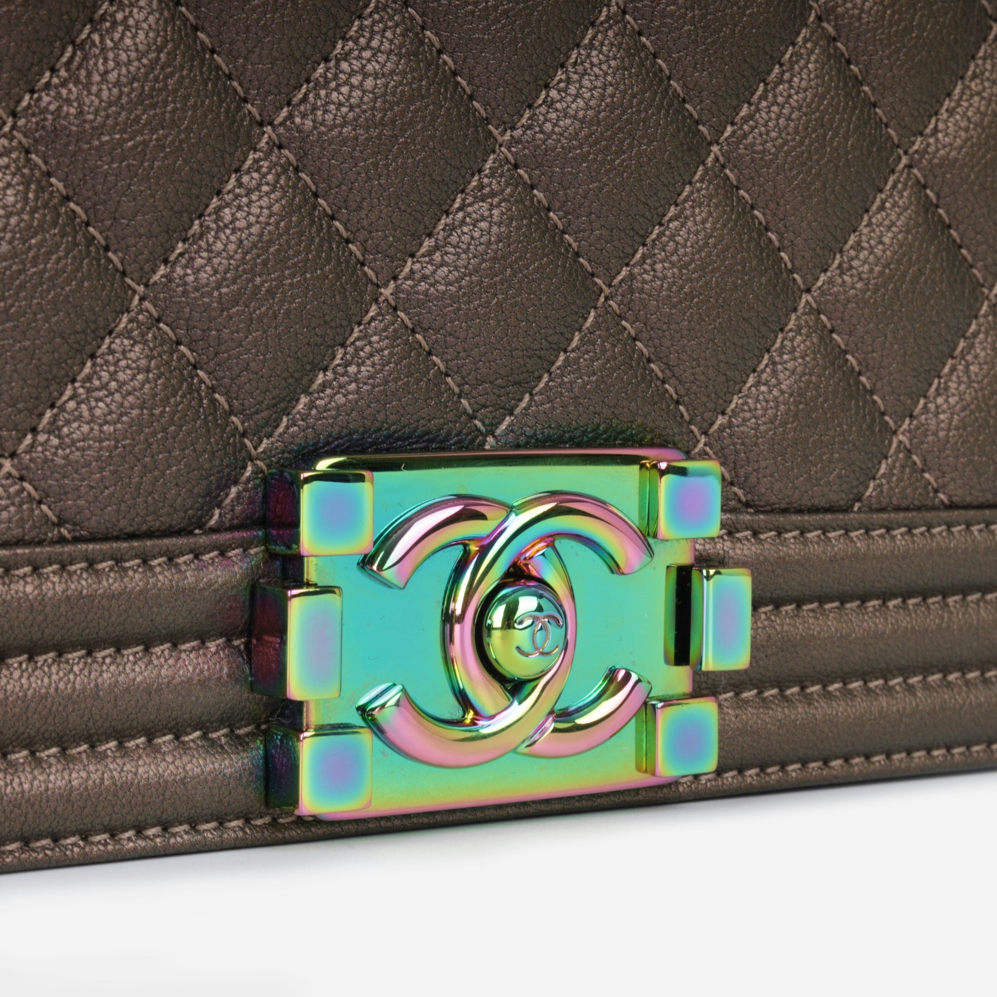 Authentic Chanel Boy Iridescent Bronze Rainbow Hardware Flap Bag